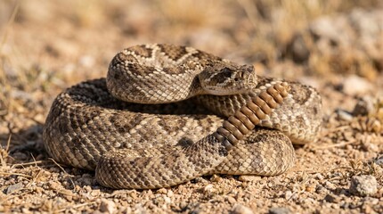 Naklejka premium Coiled venomous rattlesnake resting on dry desert ground in its natural habitat