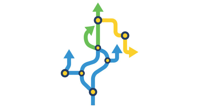 Abstract illustration of interconnected pathways with curved and straight arrows