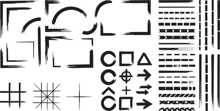 Hand drawn black ink frame corners geometric shapes and dashed borders collection on white background