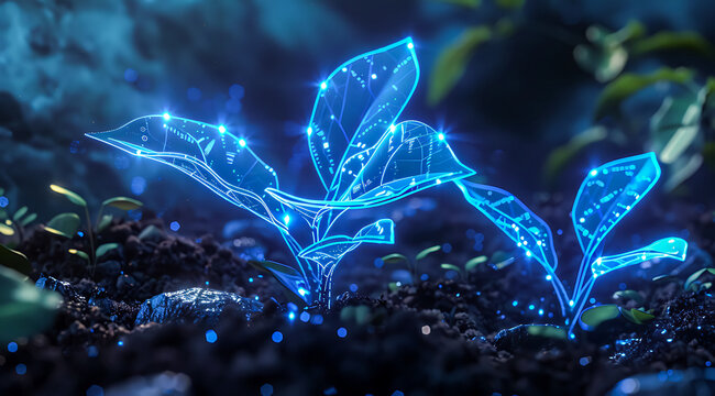 Glowing blue fantasy plants growing in dark soil with sparkling particles. Magical bioluminescent nature scene, futuristic botanical concept and mystical forest atmosphere. 4K Wallpaper