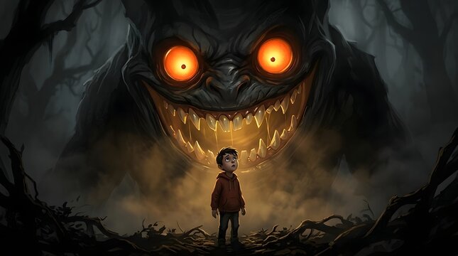 A small boy standing in a dark forest facing a giant glowing monster