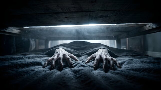 Scary monster hands reaching from under a bed in a dark bedroom at night