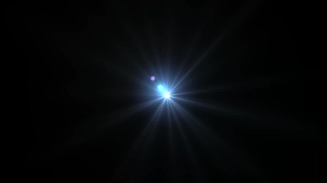 Optical flare with light rays on black background alpha chenel. shine light lens flares flickering animation overlays. white light star burst, abstract glow lens flare background.4 k animation video.