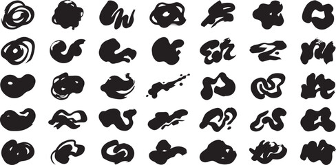 Fototapeta premium Grungy black ink splatter paint blobs and abstract hand drawn brush strokes collection