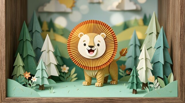 Cute Paper Lion Craft Standing in a Creative 3D Forest Paper Diorama