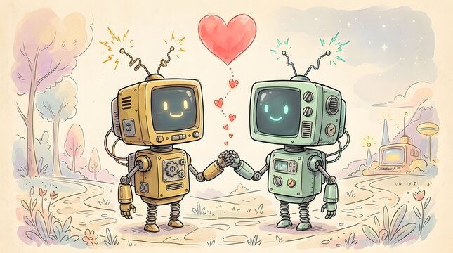 Cute vintage robots in love holding hands in a whimsical watercolor field