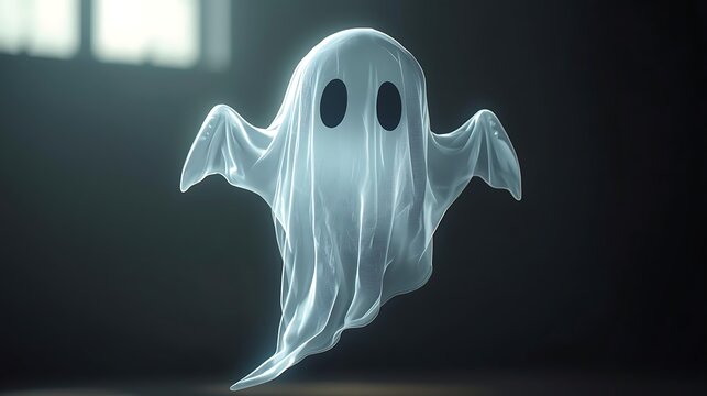 Translucent ghost floating in a dimly lit space
