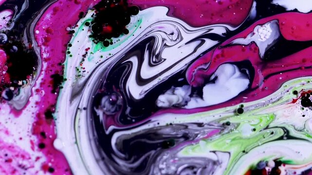A stunning abstract visual of fluid dynamics. A dynamic blend of fuchsia (deep pink), black, white, and a touch of light green ink interact to form a marble pattern.