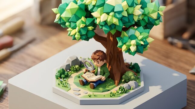 Boy reading book with magnifying glass under low poly tree in nature