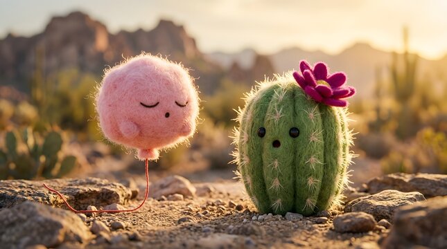 Cute fuzzy pink balloon and green cactus character in a desert landscape