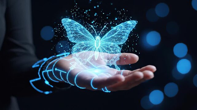 Futuristic glowing blue butterfly hologram above human hand with digital circuit patterns on dark background, concept for digital transformation, artificial intelligence and digital tech