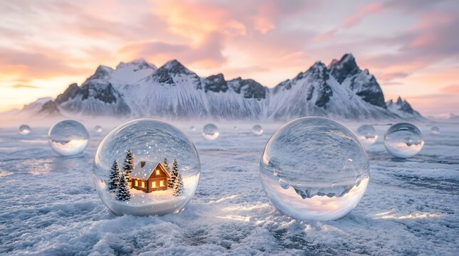 Miniature snowy cabin inside a glass crystal ball on a frozen winter lake