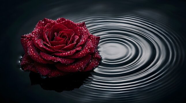 Deep Red Rose With Water Droplets Floating On Dark Rippled Water