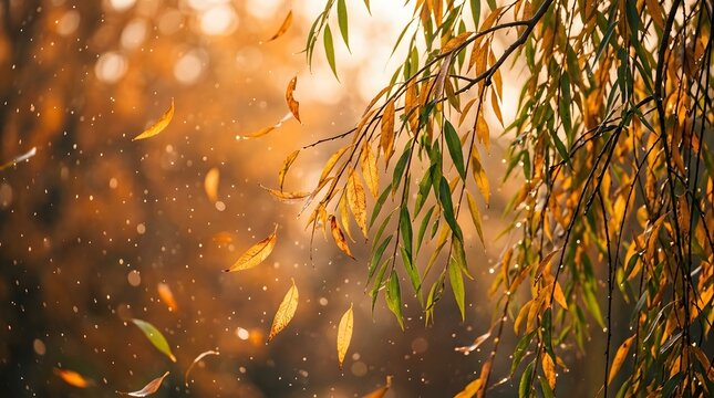 Golden autumn leaves falling from willow branches in soft sunlight