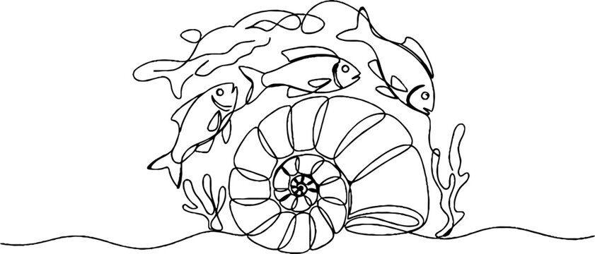 Whimsical underwater scene with fish and seashell home.