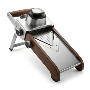 A kitchen mandoline slicer sits on a white background with wood handles.