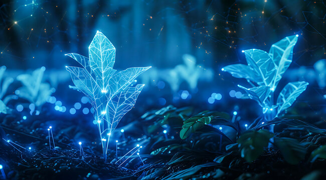 Glowing blue fantasy plants growing in dark soil with sparkling particles. Magical bioluminescent nature scene, futuristic botanical concept and mystical forest atmosphere. 4K Wallpaper