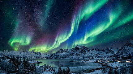 Fototapeta premium Vibrant green aurora borealis lights over snow capped mountains at night