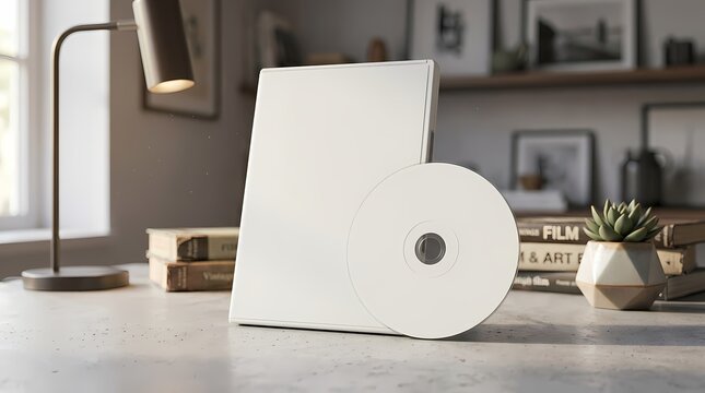 White CD DVD Disc Case Mockup on Desk - Blank Label Template 3D Render
