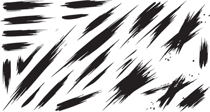 Dramatic diagonal slash paint brush strokes with splatters scratch textures and sharp abstract ink lines on white