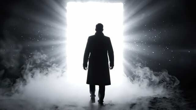 Silhouette of a lone man walking toward a bright glowing rectangular portal doorway in a dark smoky misty landscape, concept for sci-fi book cover, spiritual transition and afterlife mystery