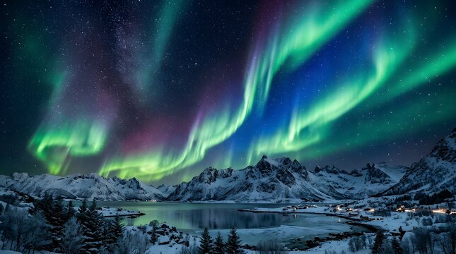 Vibrant green aurora borealis lights over snow capped mountains at night