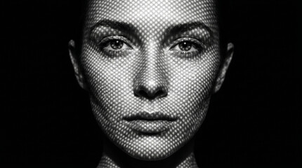 Futuristic Woman Portrait with Digital Grid Projection on Face representing Cyber Security and Artificial Intelligence © ravindu