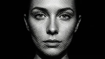 Futuristic Woman Portrait with Digital Grid Projection on Face representing Cyber Security and Artificial Intelligence © ravindu