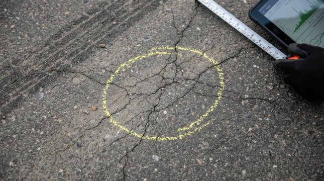 Chalk Circle Marking on Asphalt Street Surface.