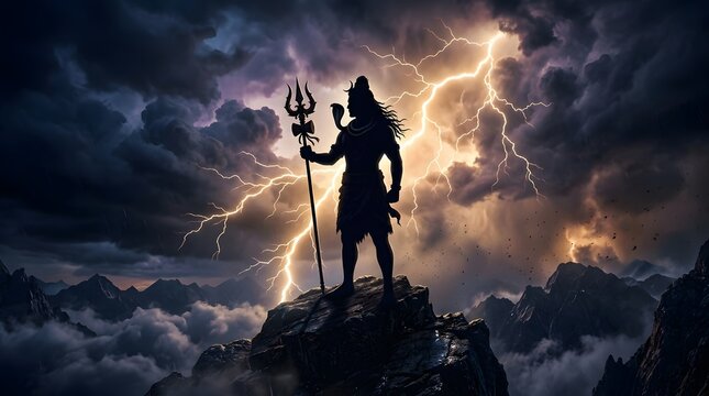 Silhouette of Lord Shiva standing on mountain peak under lightning storm