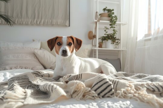 Bedroom interior with picture frame dog blanket animal.