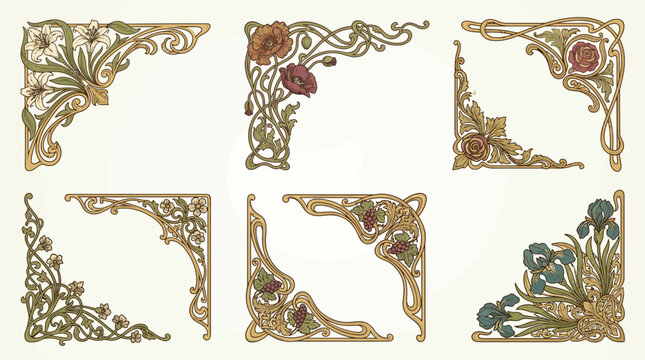 Art Nouveau Floral Corner Borders and Vintage Ornamental Frame Elements Collection