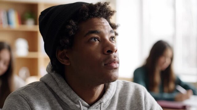 Close up of a focused African American male student wearing a black beanie and hoodie in a blurred classroom, concept for higher education, academic stress and university student lifestyle