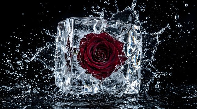 Red rose frozen inside a square ice cube with water splash on black