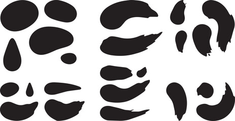 Fototapeta premium Collection of abstract black ink blots spots and smooth brush strokes isolated on white background