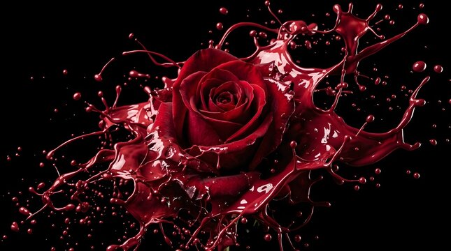 Red rose flower exploding with splashing liquid paint on black background