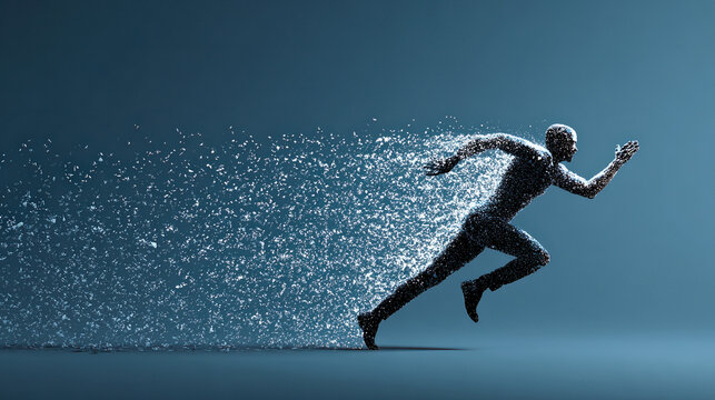 The Future Runner: A dynamic digital rendering depicts a runner breaking apart into particles, symbolizing speed, progress, and transformation in the digital age.