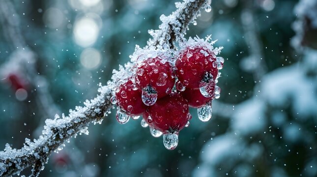 Macro shot of frozen red berries covered with ice crystals in winter