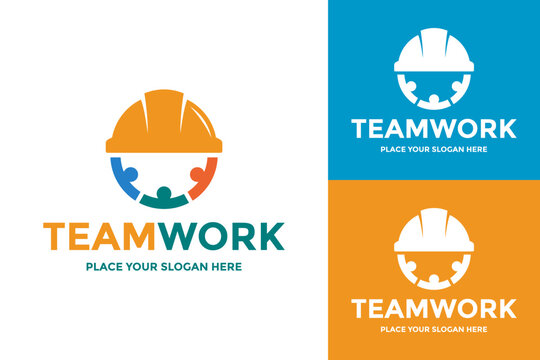Three workers with construction helmets forming a circular group. Good for builder contractor, engineering team, or labor union.