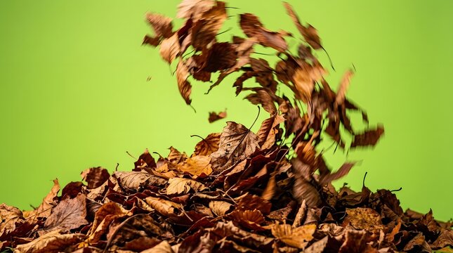 Dried brown autumn leaves blowing against a solid green background
