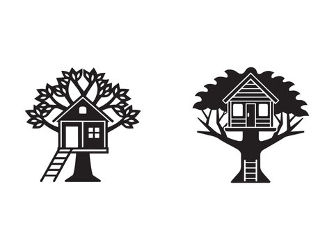 Treehouse designs with tree and ladder  tree house icons  tree houses  wooden houses