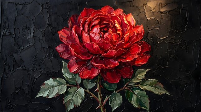 Red rose oil painting with impasto texture on a dark black background