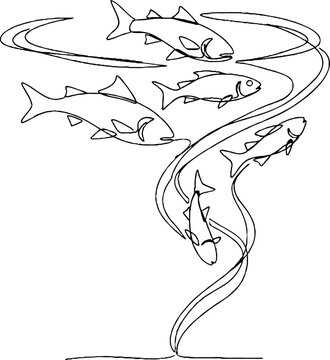 Playful black and white illustration of fish swimming upstream.