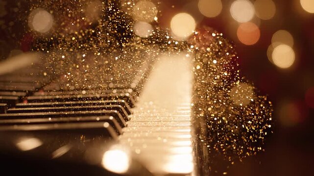Close up of piano keys covered in golden glitter with warm bokeh lights background, concept for holiday musical performance, festive christmas celebration and winter concert background