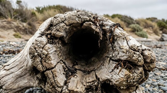 Gnarly weathered driftwood log with hollow interior, isolated on nature background