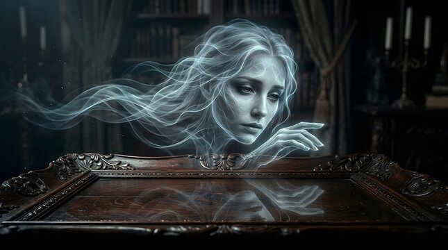 Ethereal ghost woman haunting a vintage wooden table in a dark room