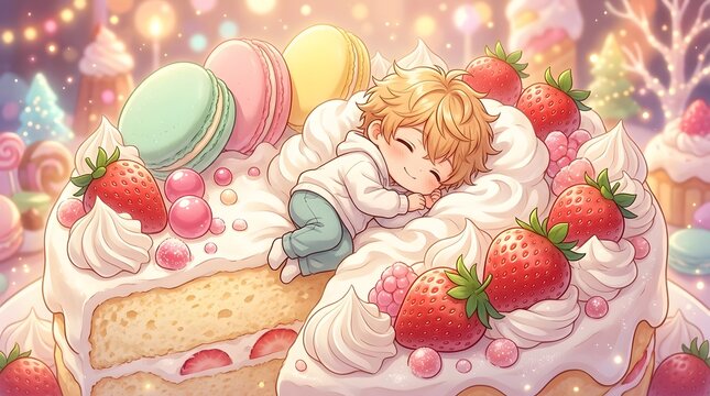 Cute anime boy sleeping on a large strawberry cake with cream and macarons