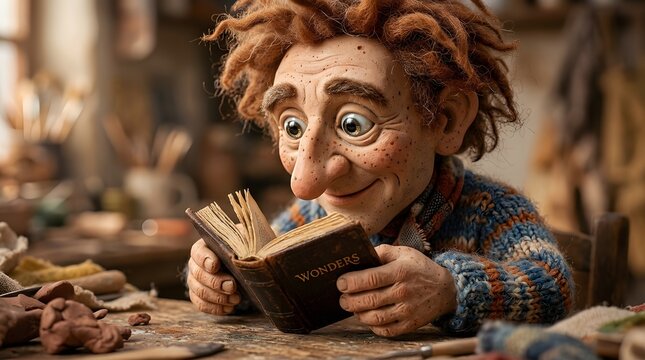Curious clay puppet character reading a small book in a workshop studio