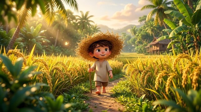 Little boy with straw hat walking through a golden rice field at sunset