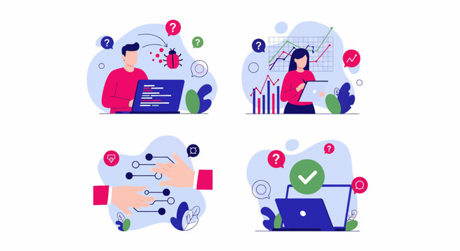 Developer fix bug woman analyze chart logic connect successful digital solution for complex business software engineering project